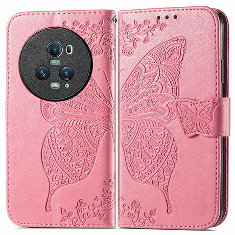 Coque Portefeuille Papillon Livre Cuir Etui Clapet pour Huawei Honor Magic5 Pro 5G Rose Rouge