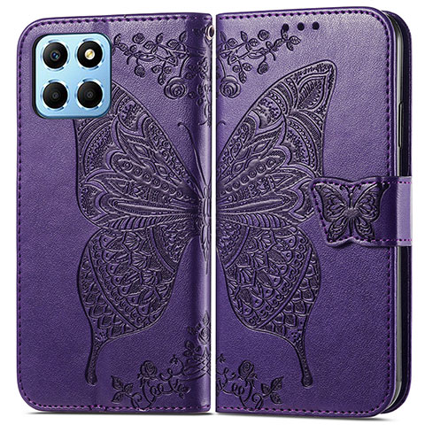 Coque Portefeuille Papillon Livre Cuir Etui Clapet pour Huawei Honor X6 5G Violet