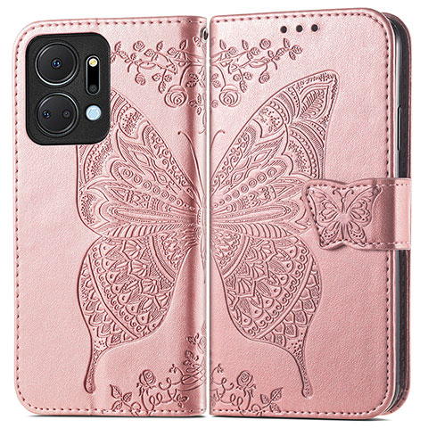 Coque Portefeuille Papillon Livre Cuir Etui Clapet pour Huawei Honor X7a Or Rose