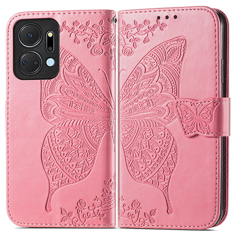 Coque Portefeuille Papillon Livre Cuir Etui Clapet pour Huawei Honor X7a Rose Rouge