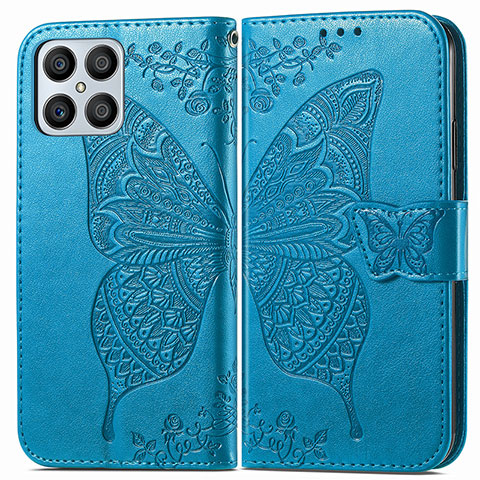 Coque Portefeuille Papillon Livre Cuir Etui Clapet pour Huawei Honor X8 4G Bleu