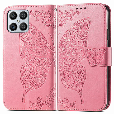 Coque Portefeuille Papillon Livre Cuir Etui Clapet pour Huawei Honor X8 4G Rose Rouge