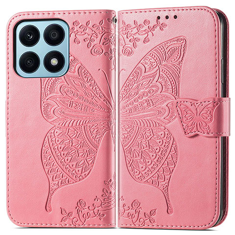 Coque Portefeuille Papillon Livre Cuir Etui Clapet pour Huawei Honor X8a 4G Rose Rouge