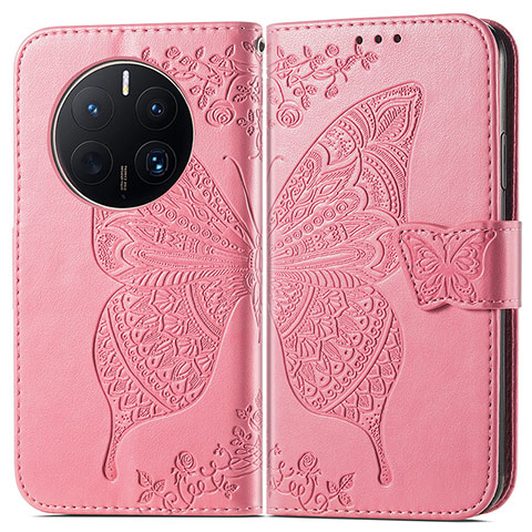 Coque Portefeuille Papillon Livre Cuir Etui Clapet pour Huawei Mate 50 Pro Rose Rouge