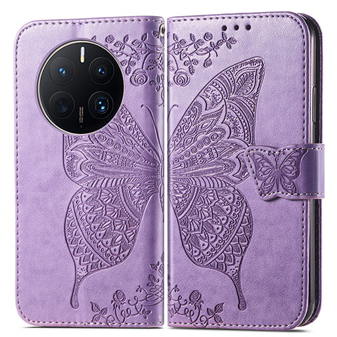 Coque Portefeuille Papillon Livre Cuir Etui Clapet pour Huawei Mate 50 Pro Violet Clair