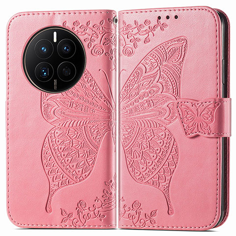 Coque Portefeuille Papillon Livre Cuir Etui Clapet pour Huawei Mate 50 Rose Rouge