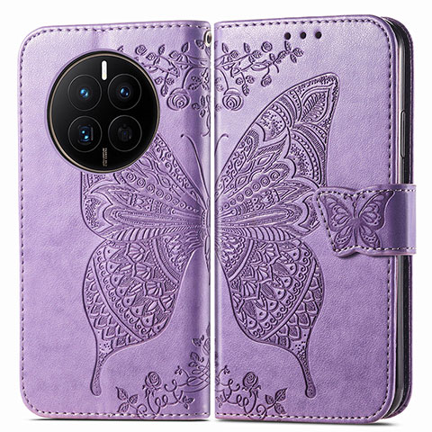 Coque Portefeuille Papillon Livre Cuir Etui Clapet pour Huawei Mate 50E Violet Clair