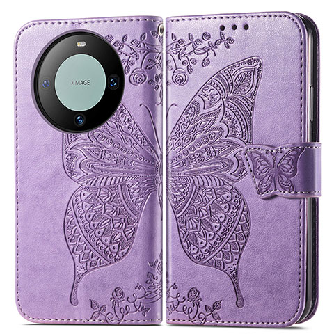 Coque Portefeuille Papillon Livre Cuir Etui Clapet pour Huawei Mate 60 Pro Violet Clair