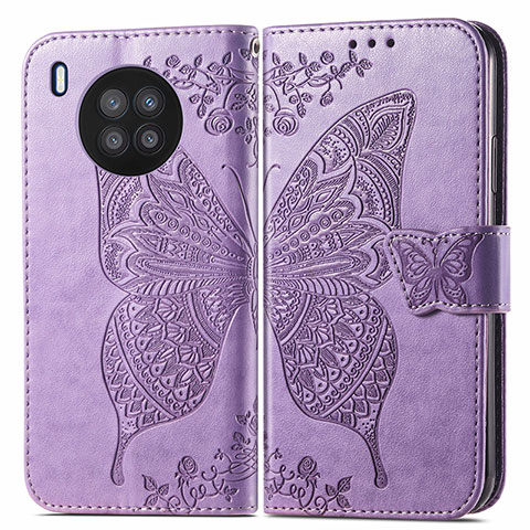 Coque Portefeuille Papillon Livre Cuir Etui Clapet pour Huawei Nova 8i Violet Clair