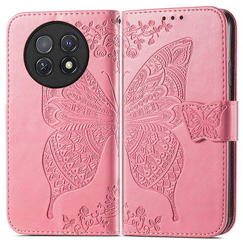 Coque Portefeuille Papillon Livre Cuir Etui Clapet pour Huawei Nova Y91 Rose Rouge