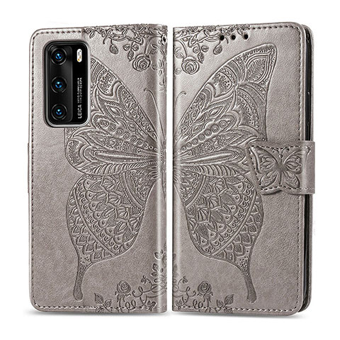 Coque Portefeuille Papillon Livre Cuir Etui Clapet pour Huawei P40 Gris