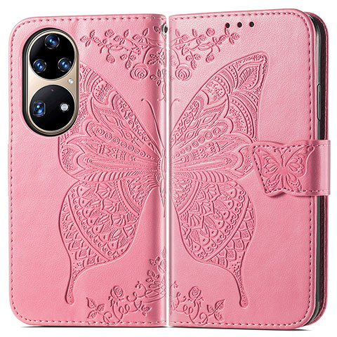 Coque Portefeuille Papillon Livre Cuir Etui Clapet pour Huawei P50 Rose Rouge