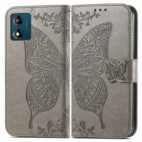 Coque Portefeuille Papillon Livre Cuir Etui Clapet pour Motorola Moto E13 Gris