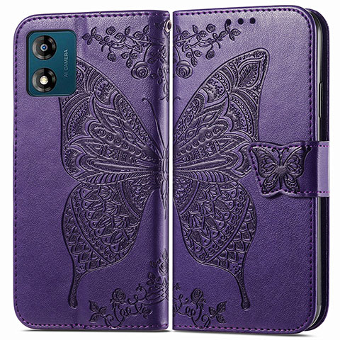 Coque Portefeuille Papillon Livre Cuir Etui Clapet pour Motorola Moto E13 Violet