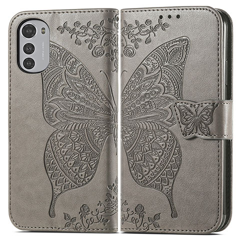 Coque Portefeuille Papillon Livre Cuir Etui Clapet pour Motorola Moto E32 Gris