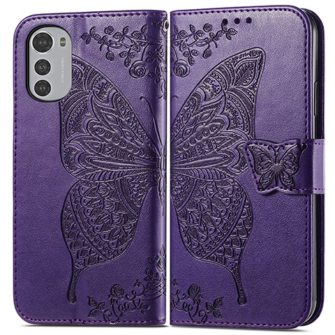 Coque Portefeuille Papillon Livre Cuir Etui Clapet pour Motorola Moto E32 Violet