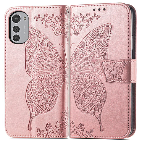 Coque Portefeuille Papillon Livre Cuir Etui Clapet pour Motorola Moto E32s Rose