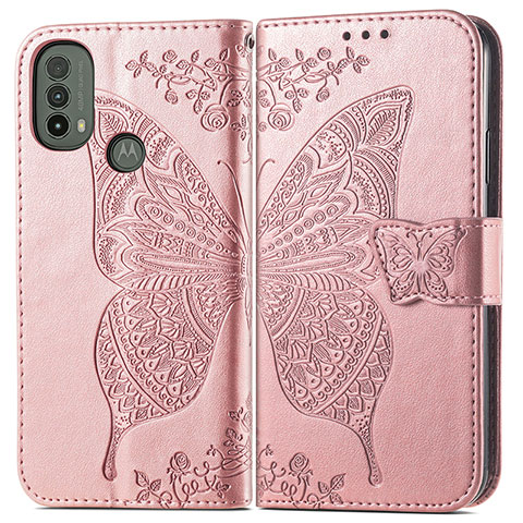 Coque Portefeuille Papillon Livre Cuir Etui Clapet pour Motorola Moto E40 Rose