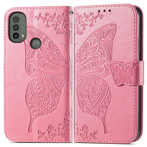 Coque Portefeuille Papillon Livre Cuir Etui Clapet pour Motorola Moto E40 Rose Rouge