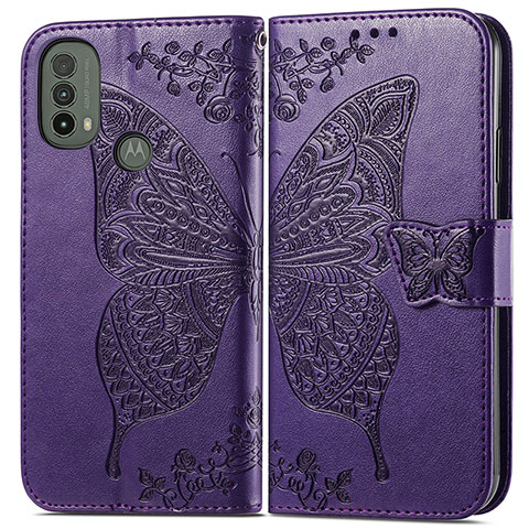 Coque Portefeuille Papillon Livre Cuir Etui Clapet pour Motorola Moto E40 Violet