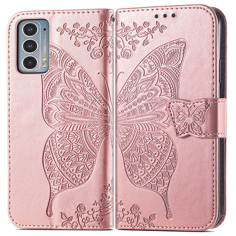 Coque Portefeuille Papillon Livre Cuir Etui Clapet pour Motorola Moto Edge 20 5G Rose