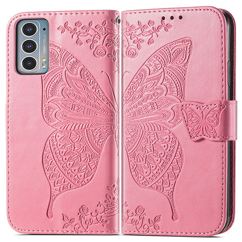 Coque Portefeuille Papillon Livre Cuir Etui Clapet pour Motorola Moto Edge 20 5G Rose Rouge