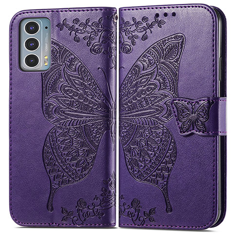 Coque Portefeuille Papillon Livre Cuir Etui Clapet pour Motorola Moto Edge 20 5G Violet