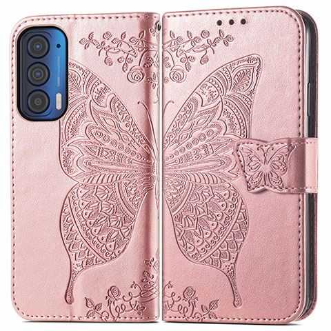 Coque Portefeuille Papillon Livre Cuir Etui Clapet pour Motorola Moto Edge (2021) 5G Rose