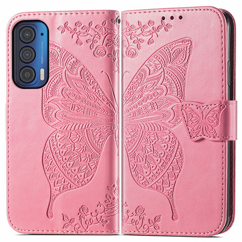 Coque Portefeuille Papillon Livre Cuir Etui Clapet pour Motorola Moto Edge (2021) 5G Rose Rouge