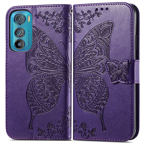 Coque Portefeuille Papillon Livre Cuir Etui Clapet pour Motorola Moto Edge 30 5G Violet