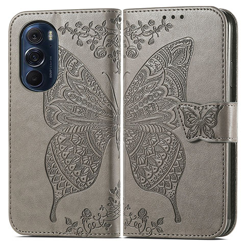 Coque Portefeuille Papillon Livre Cuir Etui Clapet pour Motorola Moto Edge Plus (2022) 5G Gris