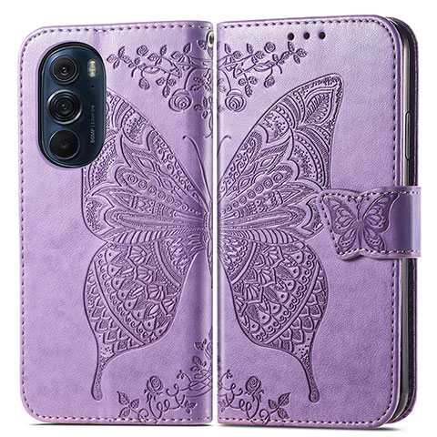 Coque Portefeuille Papillon Livre Cuir Etui Clapet pour Motorola Moto Edge Plus (2022) 5G Violet Clair