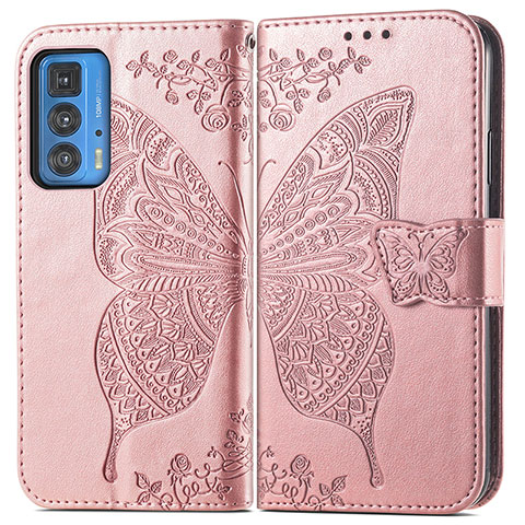 Coque Portefeuille Papillon Livre Cuir Etui Clapet pour Motorola Moto Edge S Pro 5G Rose