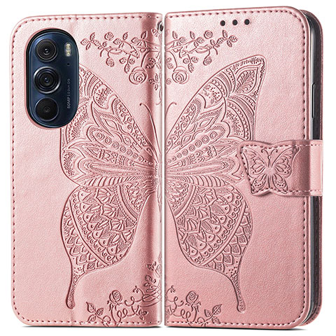 Coque Portefeuille Papillon Livre Cuir Etui Clapet pour Motorola Moto Edge X30 5G Rose