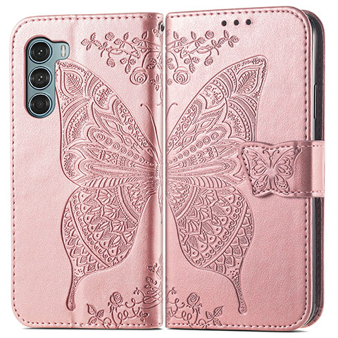 Coque Portefeuille Papillon Livre Cuir Etui Clapet pour Motorola Moto G200 5G Rose