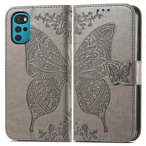 Coque Portefeuille Papillon Livre Cuir Etui Clapet pour Motorola Moto G22 Gris