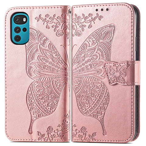 Coque Portefeuille Papillon Livre Cuir Etui Clapet pour Motorola Moto G22 Rose