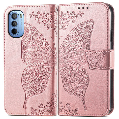 Coque Portefeuille Papillon Livre Cuir Etui Clapet pour Motorola Moto G41 Rose