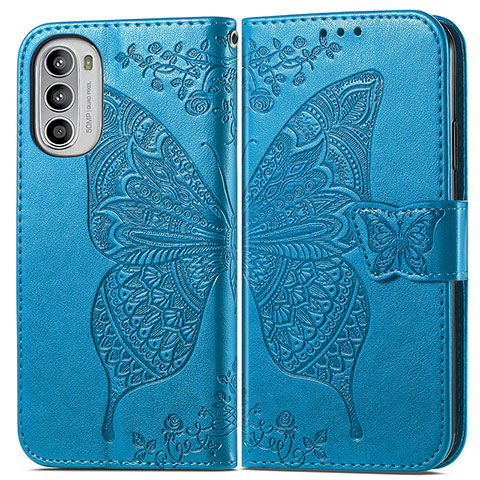 Coque Portefeuille Papillon Livre Cuir Etui Clapet pour Motorola Moto G52j 5G Bleu