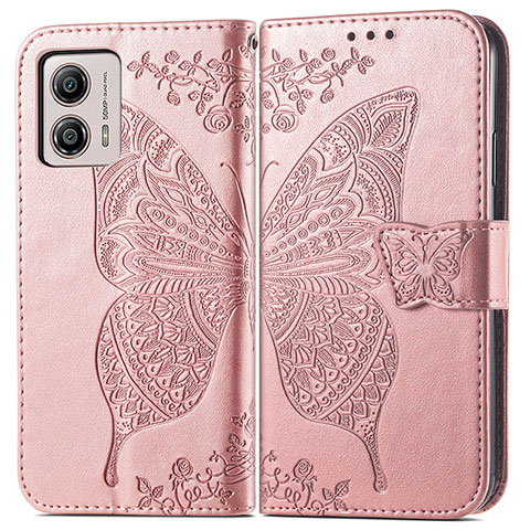 Coque Portefeuille Papillon Livre Cuir Etui Clapet pour Motorola Moto G53y 5G Or Rose