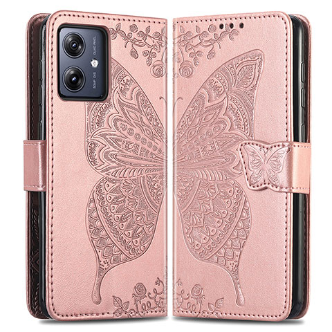 Coque Portefeuille Papillon Livre Cuir Etui Clapet pour Motorola Moto G54 5G Or Rose