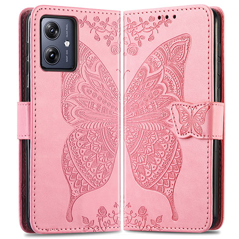 Coque Portefeuille Papillon Livre Cuir Etui Clapet pour Motorola Moto G54 5G Rose Rouge