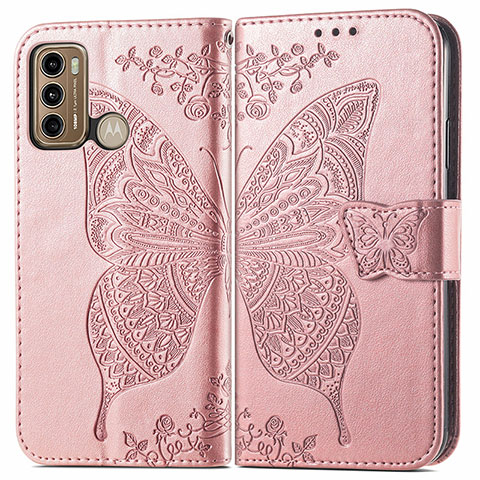 Coque Portefeuille Papillon Livre Cuir Etui Clapet pour Motorola Moto G60 Rose