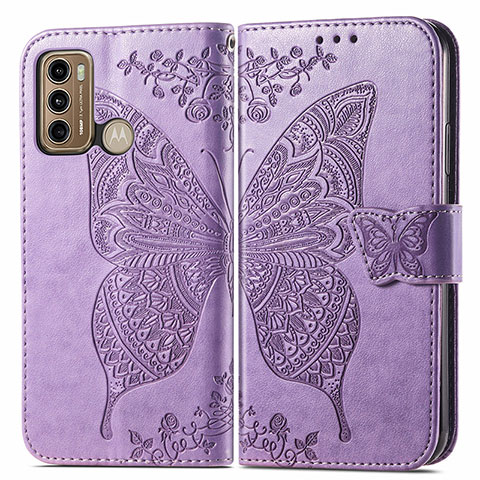 Coque Portefeuille Papillon Livre Cuir Etui Clapet pour Motorola Moto G60 Violet Clair