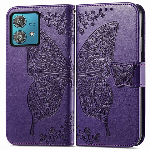 Coque Portefeuille Papillon Livre Cuir Etui Clapet pour Motorola Moto G84 5G Violet