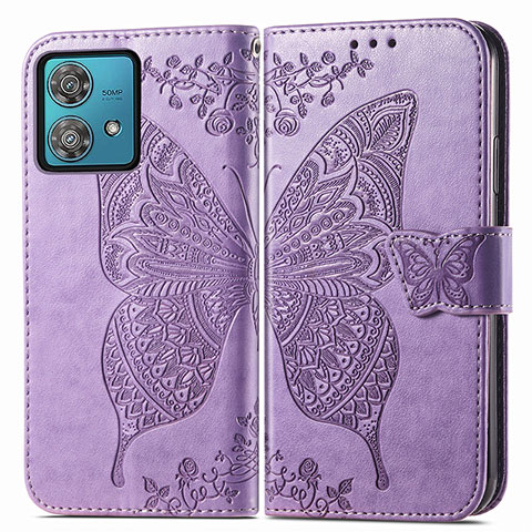 Coque Portefeuille Papillon Livre Cuir Etui Clapet pour Motorola Moto G84 5G Violet Clair