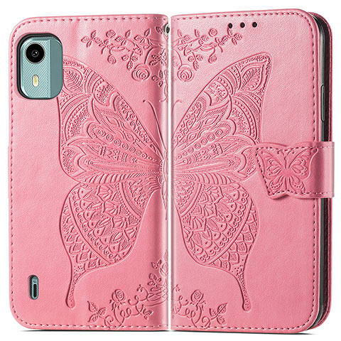 Coque Portefeuille Papillon Livre Cuir Etui Clapet pour Nokia C12 Rose Rouge