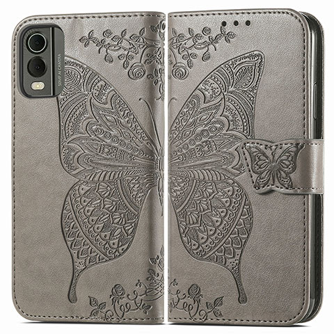 Coque Portefeuille Papillon Livre Cuir Etui Clapet pour Nokia C32 Gris