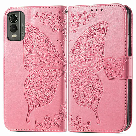 Coque Portefeuille Papillon Livre Cuir Etui Clapet pour Nokia C32 Rose Rouge