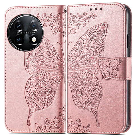 Coque Portefeuille Papillon Livre Cuir Etui Clapet pour OnePlus 11 5G Or Rose